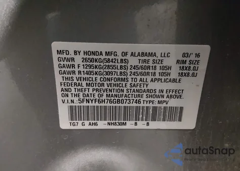 2016 Honda Pilot Ex-L из США, поврежденный, VIN 5FNYF6H76GB073746